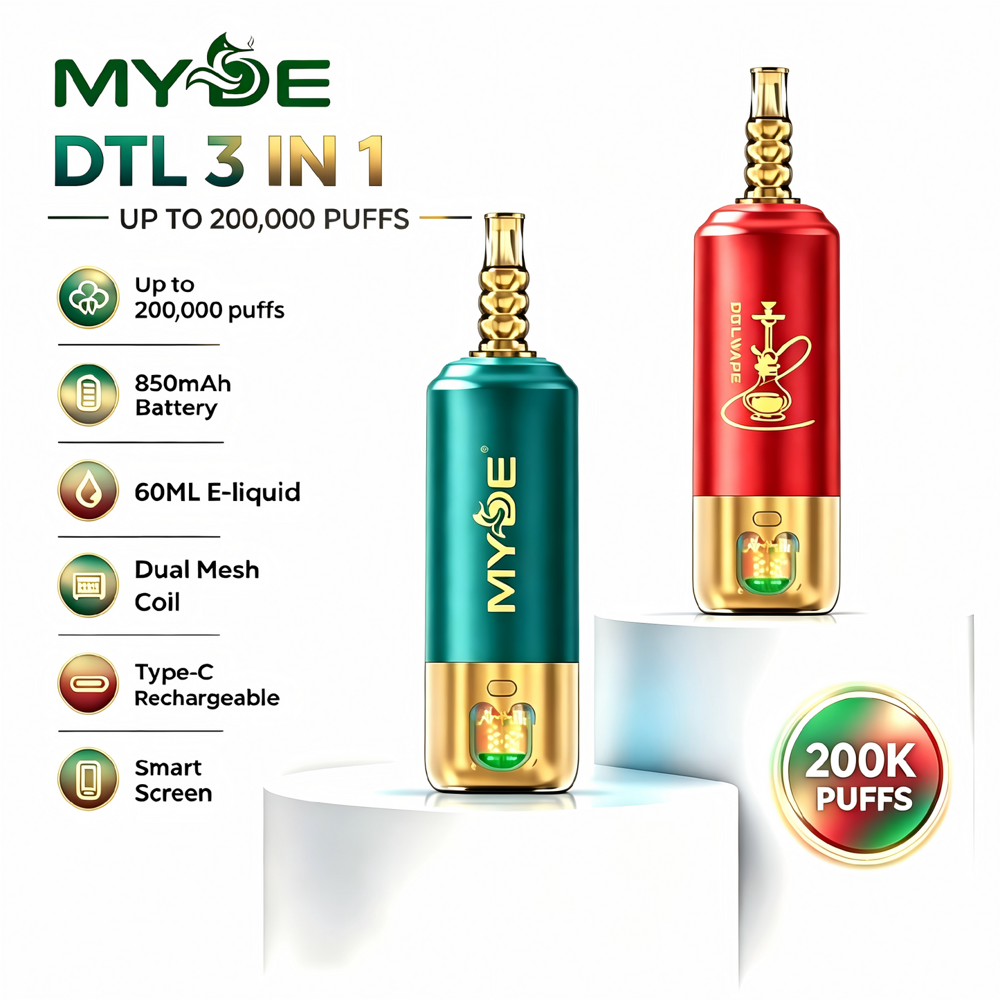 MYDE Shisha Hookah DTL 3 in 1 200K Puffs einweg vape wholesale