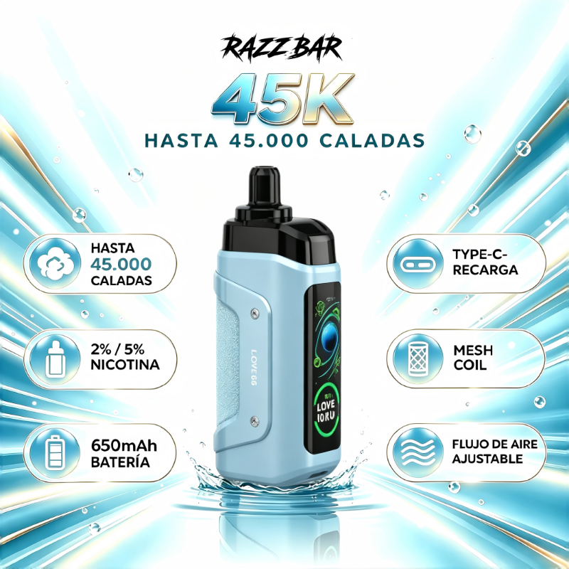 RAZZ BAR 45000 Puffs Vape Desechable Recargable con Pantalla LED Inteligente
