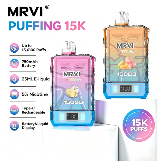 Mrvi Puffing 15K Puff Envío a la UE Vaporizador desechable con doble resistencia de malla, pantalla para líquido electrónico y batería. 15000 caladas.