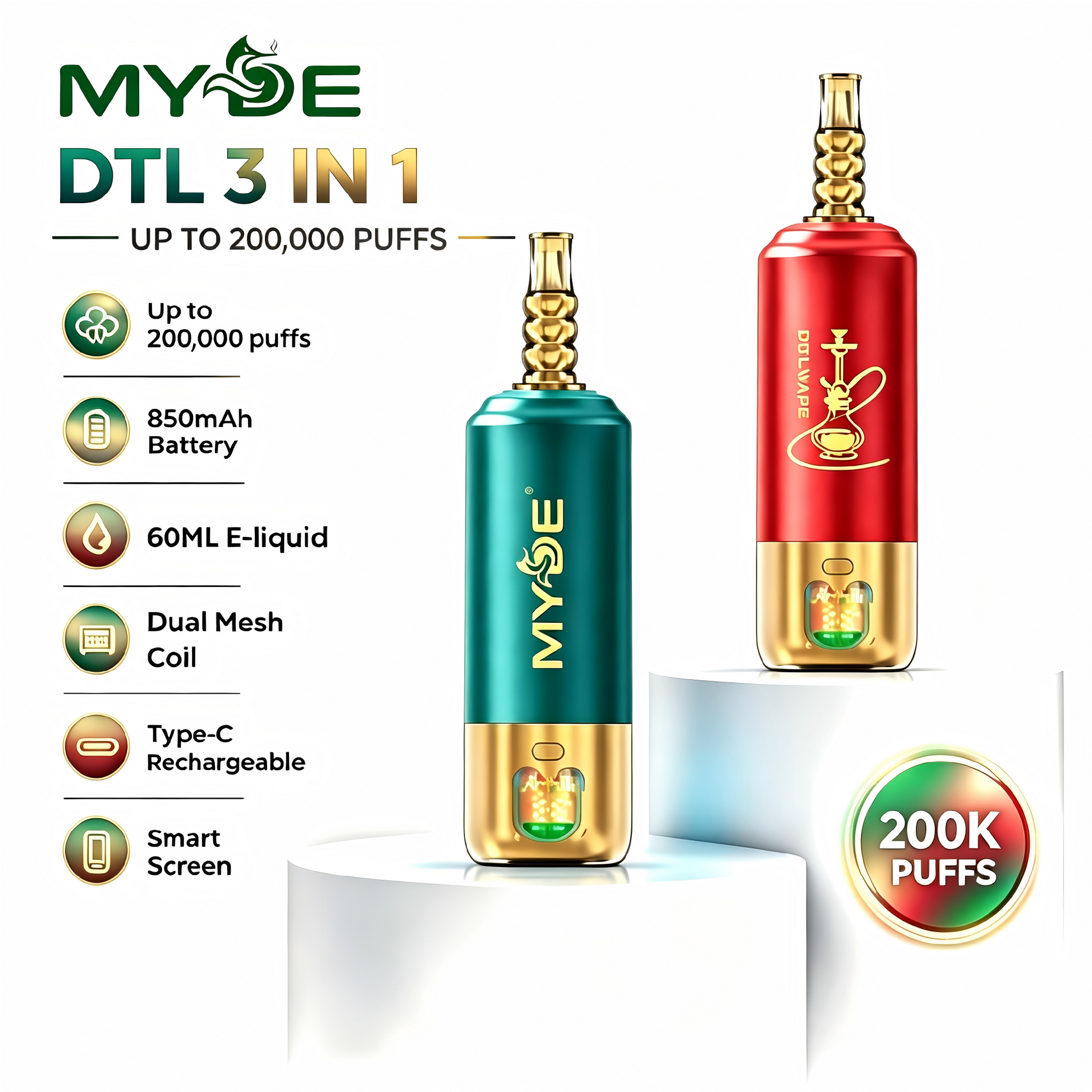 MYDE Shisha Hookah DTL 3 in 1 200K Puffs einweg vape wholesale